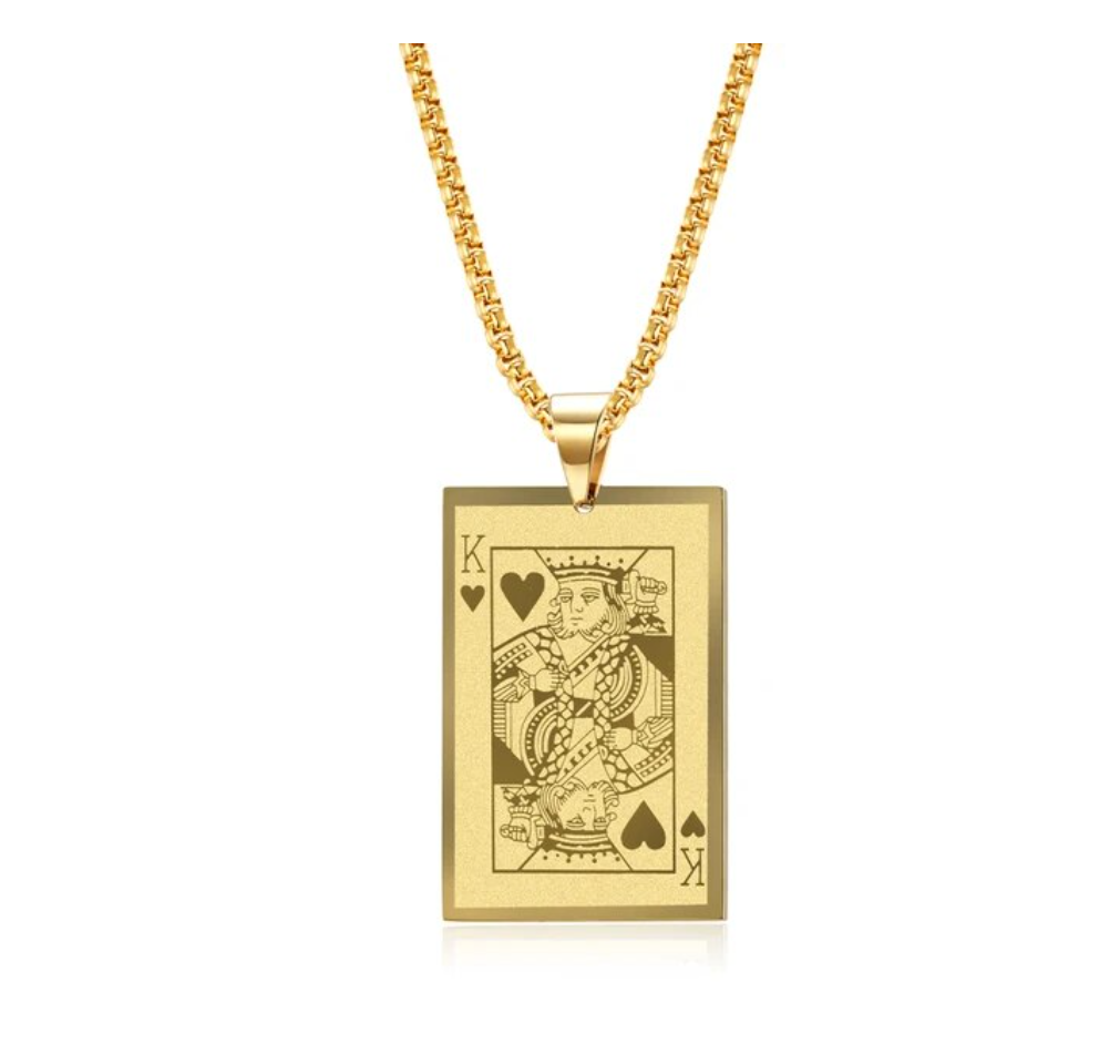 Halskette Poker Herz König Karte Edelstahl Gold 65cm Anhänger 4,0 x 2,7 cm
