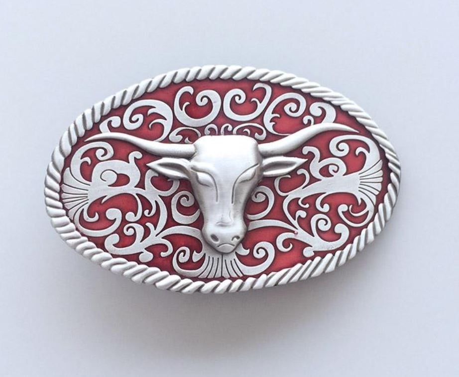 Gürtelschnalle Longhorn Büffel silber/rot für Gürtel bis 4 cm Breite