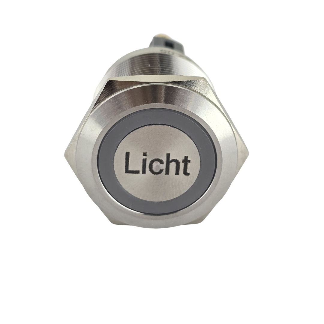 Einbauschalter 22 mm Ring LED Lasergravur "Licht" 