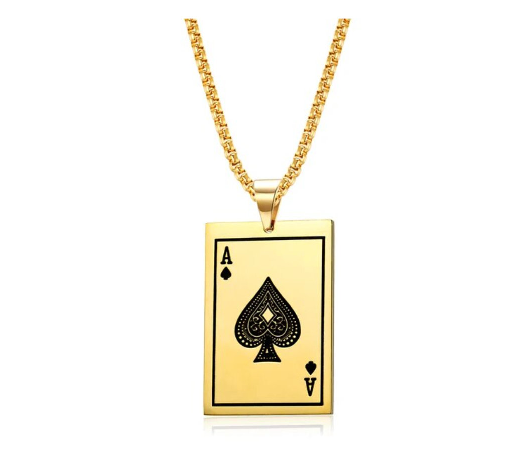 Halskette Poker Pikass Karte Pik Ass Edelstahl Gold 65cm Anhänger 4,0 x 2,7 cm