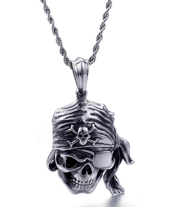 Halskette Totenkopf Pirat Augenklappe Schädel Anhänger Edelstahl Punk 60 cm